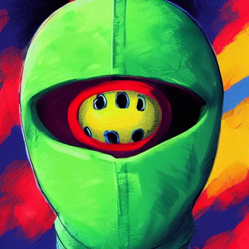 Prompt: a tennis ball monster balaclava, halo on head, bandana ,tennis ball, colorful, digital art, fantasy, magic, trending on artstation, ultra detailed, professional illustration by Basil Gogos