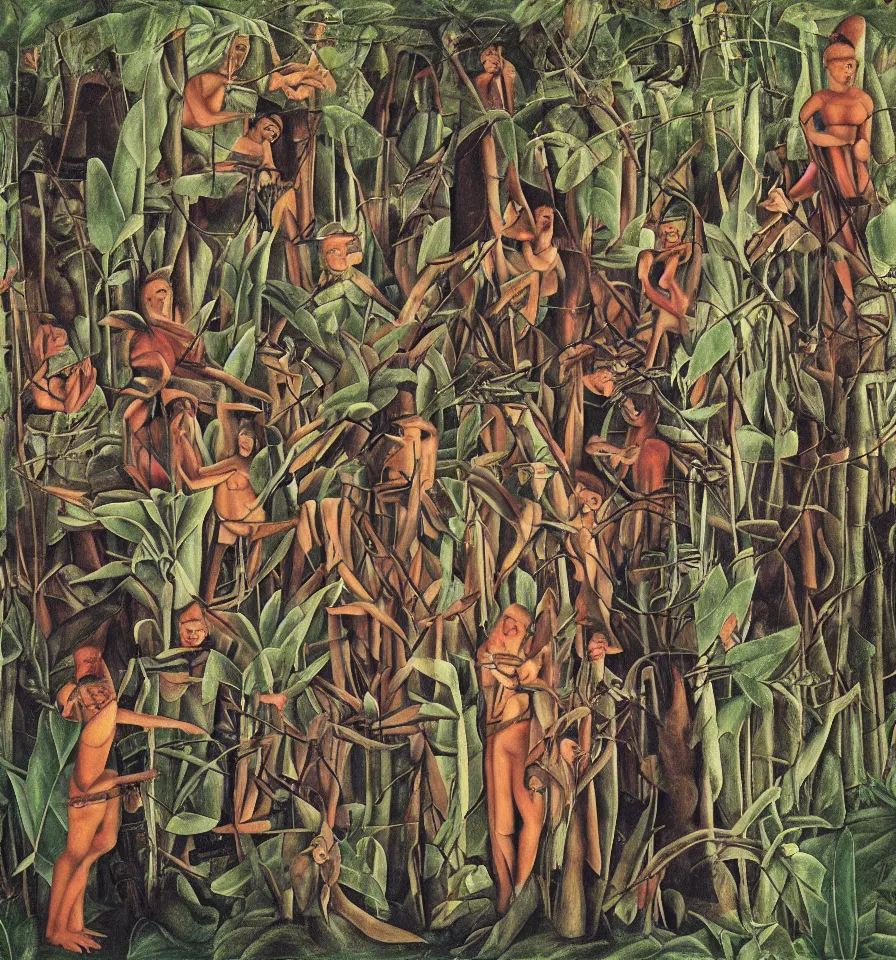 Image similar to four warrior angels lost in a forest painted by frida kahlo and ivanov vsevolod