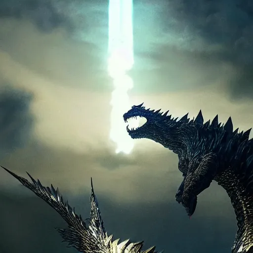 Image similar to ghidorah, majestic, breathtaking, lightining in background, ultrafine hyperrealistic detailed illustration by kim jung gi, irakli nadar, intricate linework, sharp focus, bright colors, matte, movie still from godzilla king of monsters, final fantasy, unreal engine highly rendered, 8 k, global illumination, radiant light, intricate environment