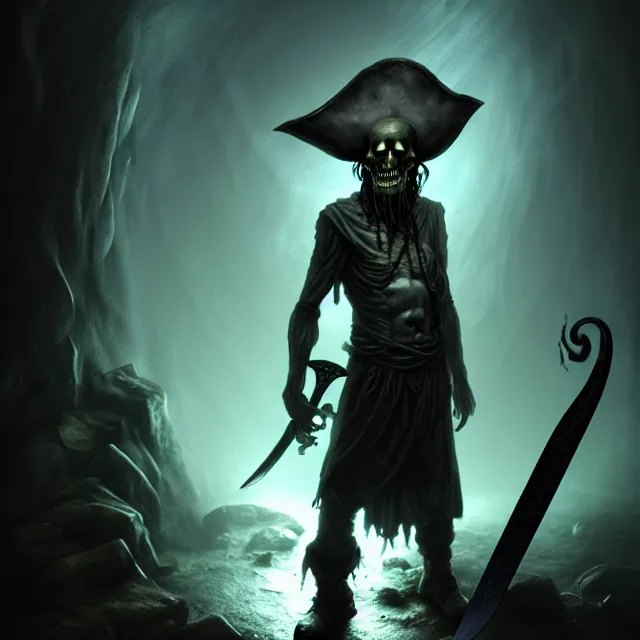 Image similar to photo of a ghostly pirate head and torso, holding a sword and standing in a grotto, photorealistic, dark, lovecraft, paul carrick, atmospheric lighting, painted, intricate, ultra detailed, well composed, best on artstation, cgsociety, epic, stunning, gorgeous, intricate detail, wow, masterpiece