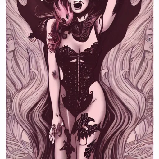 Prompt: princess of darkness, style of mcbess, rutkowski, artgerm comic, piercing eyes, long glowing red hair