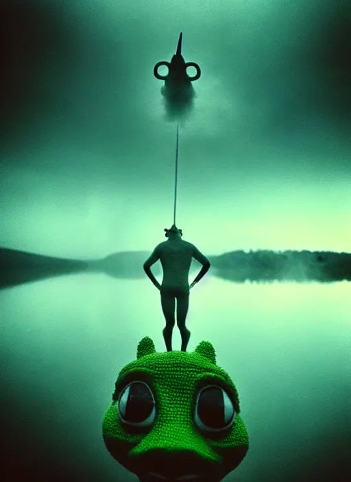 Prompt: “unicorn pepe the frog vertically hovering above misty lake waters in jesus christ pose, low angle, long cinematic shot by Andrei Tarkovsky, paranormal, eerie, mystical”