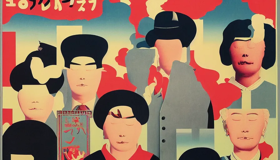 Prompt: Japan travel discoveries and sights explorations, a poster design for a contemporary graphic design exhibition, by Rene Magritte, Andy Warhol, Alex Yanes, Tadanori Yokoo, Yoshio Awazu