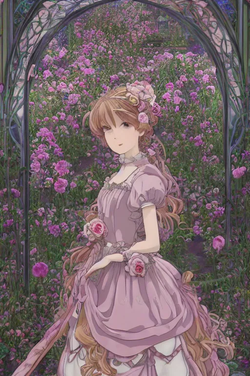 Prompt: a beautiful hyperdetailed portrait render of absolutely beautiful princess that wear rose flower wedding gothic lolita dress clothing stay in blooming flower house alone, finely detailed perfect face delicate features directed gaze, dazzling light beam penetrated through the window, perfectly shaded, atmospheric lighting, style of studio ghibli, makoto shinkai, raphael lacoste, louis comfort tiffany, artgerm, james jean