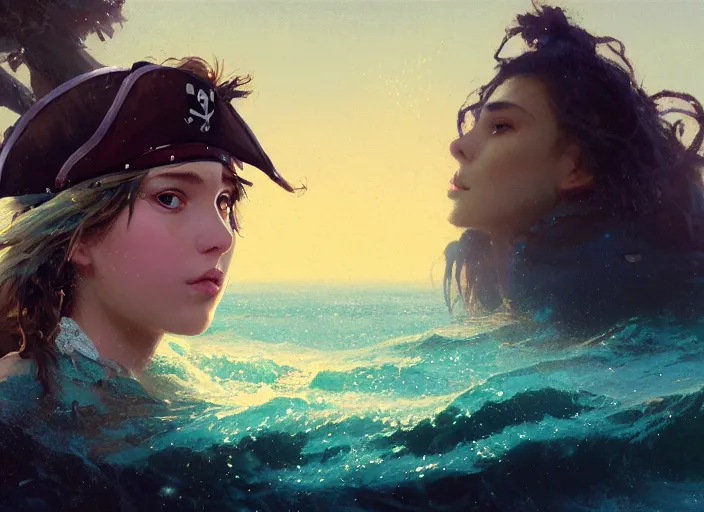 Prompt: wide view picture of a pirate girl, looking at the treasure box, hard breathing, messy hair, very excited, sparkling eyes, magic and fantasy, whale monsters, beautiful and aesthetic and attractive and highly detailed face, specular reflection, occlusion shadow, intricate, bokeh, masterpiece, by ilya kuvshinov and jeremy lipking and quentin mabille