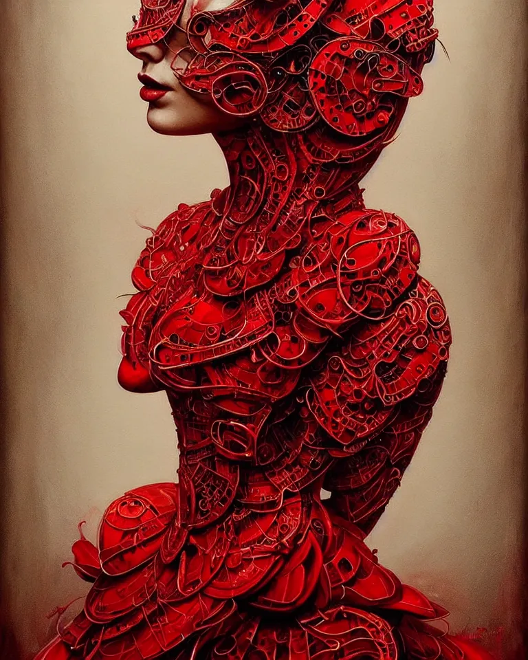 Image similar to epic professional portrait of gorgeous thin white woman with perfect face in armoured red dress, painted, intricate, detailed, by leesha hannigan, wayne haag, reyna rochin, ignacio fernandez rios, mark ryden, iris van herpen, artstation, cgsociety, epic, stunning, gorgeous, much wow.