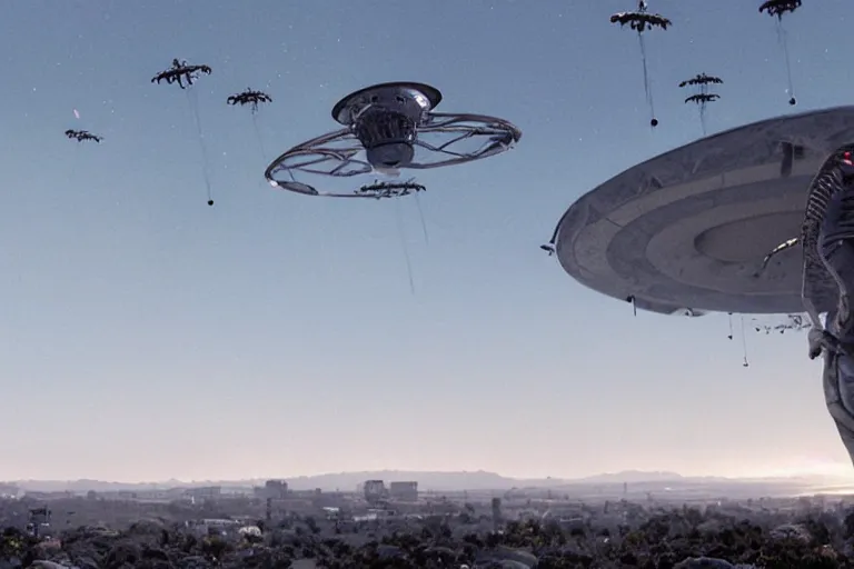 Image similar to cinematography of alien invasion in Santa Monica By Emmanuel Lubezki