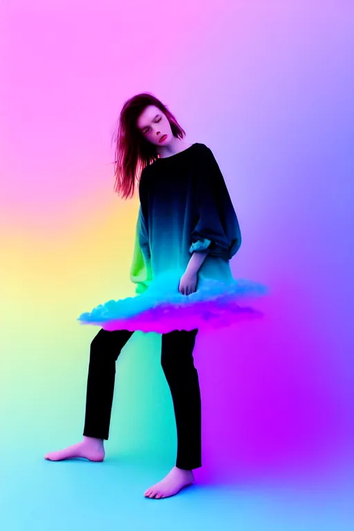 Image similar to high quality pastel coloured film photograph of a model wearing black clothing resting on cloud furniture clouds in a haze filled dreamstate world. three point light, rainbow. photographic production. art directed. pastel colours. volumetric clouds. pastel gradient overlay. waves glitch artefacts. 8 k. filmic.