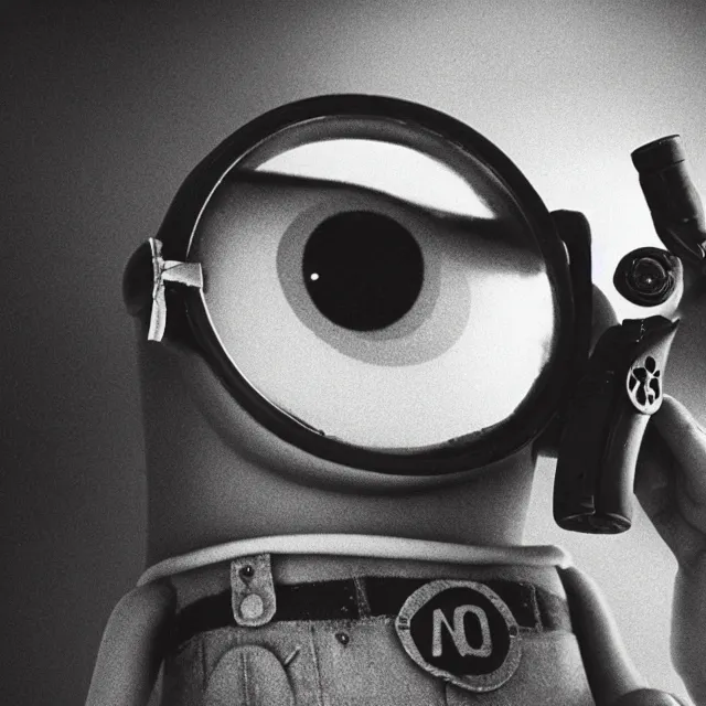 Image similar to still image of a minion smoking a cigarette and holding a revolver, black and white film, 3 5 mm film, noir, cinematic