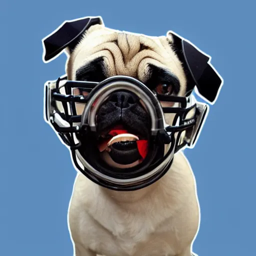 Prompt: pug wearing a american football helmet, cyberpunk style