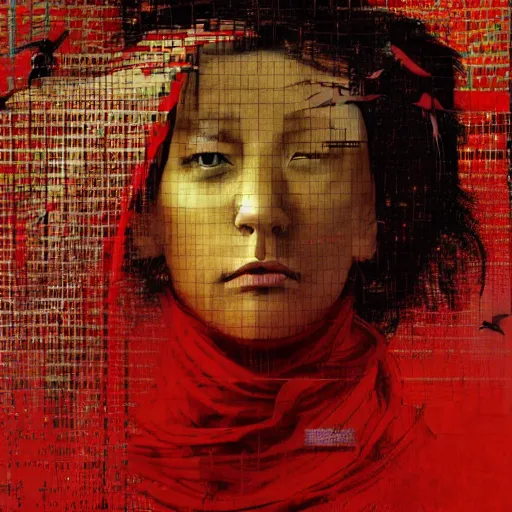 Image similar to a nostalgic latina in red monk habit is being rasterized into pixels, she is surrounded by digital birds, the background is an infinite virtual world, oil on canvas by yoji shinkawa, esao andrews, dave mckean and stina persson