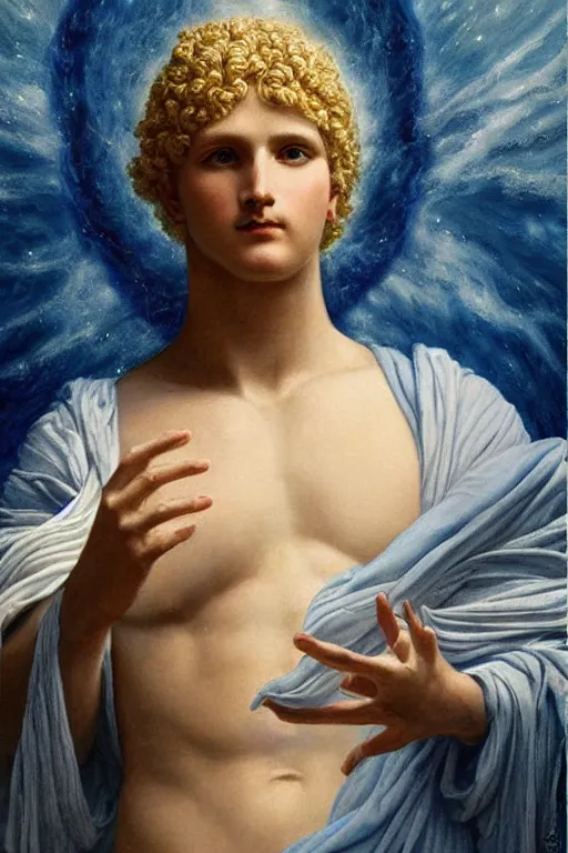 Prompt: beautiful oil painting of Zeus, white toga, lightning, symmetrical face, magical, blue mist, Greek myth, by John William Godward and Anna Dittman, masterpiece