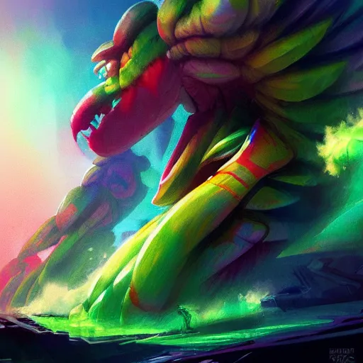 Image similar to rainbow corrupted yoshi, greg rutkowski