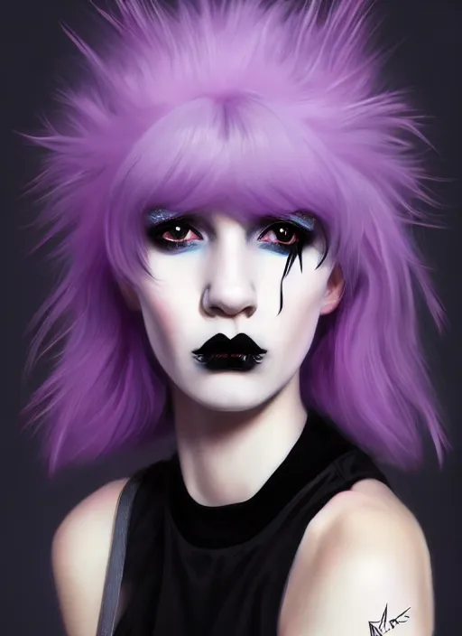 Image similar to portrait of white teenage girl, normal face, black bangs, mall goth, cyberlox, black and white hair, bangs, fluffy bangs, red contacts, purple lipstick, intricate, elegant, highly detailed, digital painting, artstation, concept art, sharp focus, smooth, illustration, art by wlop, mars ravelo and greg rutkowski