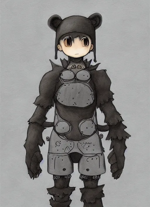 Image similar to beautiful little boy wearing an cyborg bear suit, artwork in kentaro miura and made in abyss and rosdraws, smooth, beautiful lightness, anatomically correct, trending on pixiv, forest