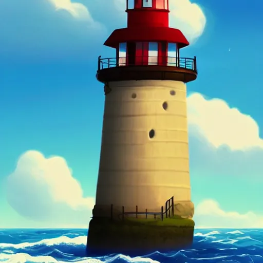 Image similar to beautiful cute cozy little lighthouse by the sea, puffy clouds, style of hayao miyazaki, digital art trending on artstation