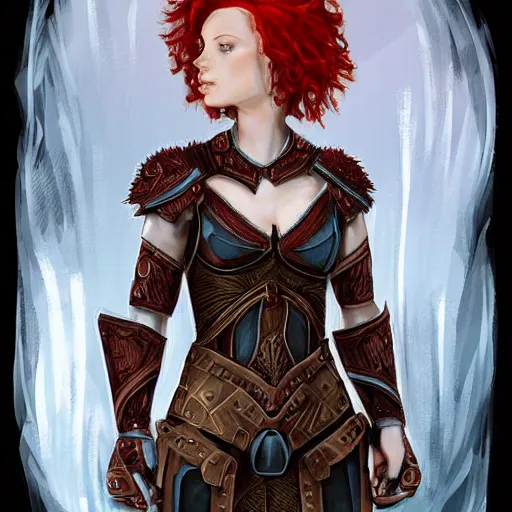 Prompt: a beautiful woman wearing cloth armor, redhead, short hair, digital art, extremely detailed