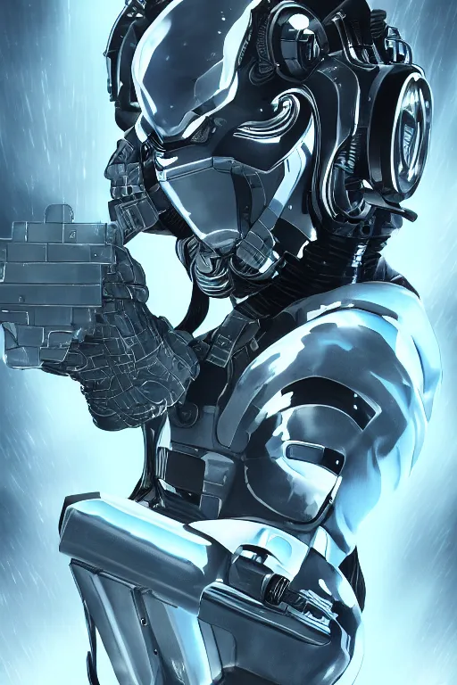 Image similar to cyber cyborg ninja mask helmet metal gear solid artic suit swat commando, global illumination ray tracing hdr fanart arstation by sung choi and eric pfeiffer and gabriel garza and casper konefal, a spectacular view cinematic rays of sunlight comic book illustration, by john kirby