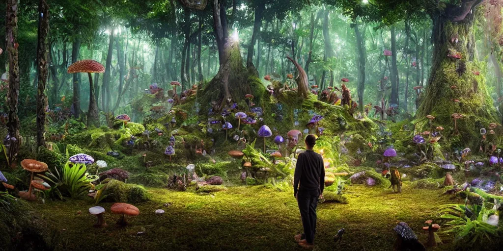 Image similar to extra wide view. person made of mushrooms standing in a marvelous magic forest jungle inhabited with fantastic creatures. iridescent. annihilation. hyper - detailed. hyperreal. unreal render.