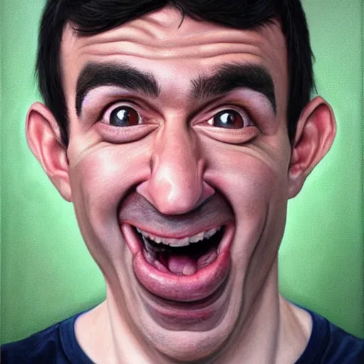 Prompt: hyper realistic portrait of a 3 d caricature of nathan fielder making absurd faces, painted by greg rutokowski, artgerm