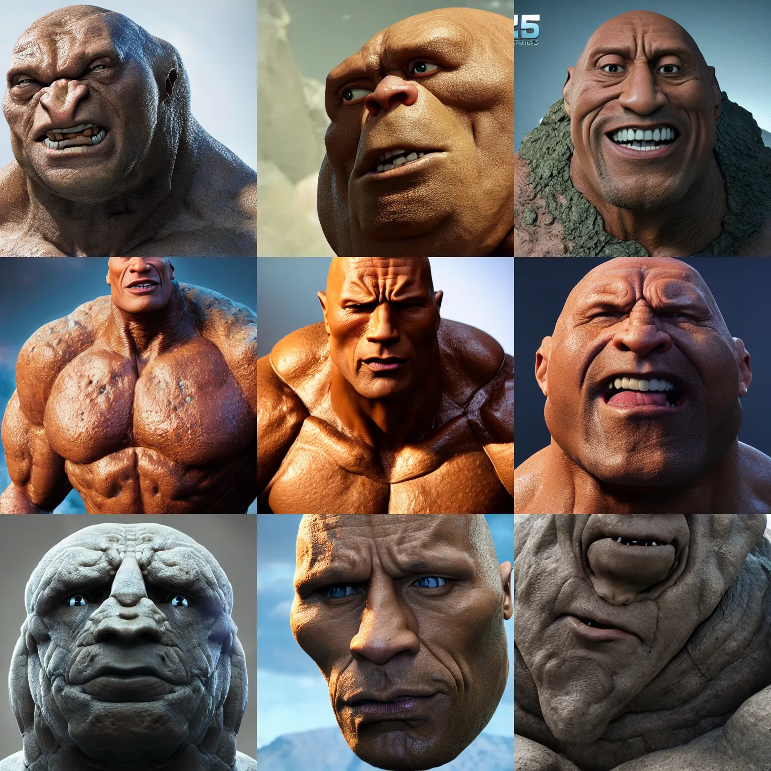 Prompt: dwayne johnson is a boulder rock made of stone, the thing for fantastic 4, cracks in face, octane render, 8 k cinematic still, highly detailed, sculpted in zbrush, textured in substance, featured on artstation