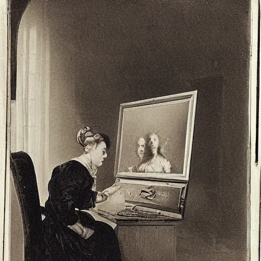 Image similar to 1 7 0 0 s photo of a person watching a flat screen hd tv