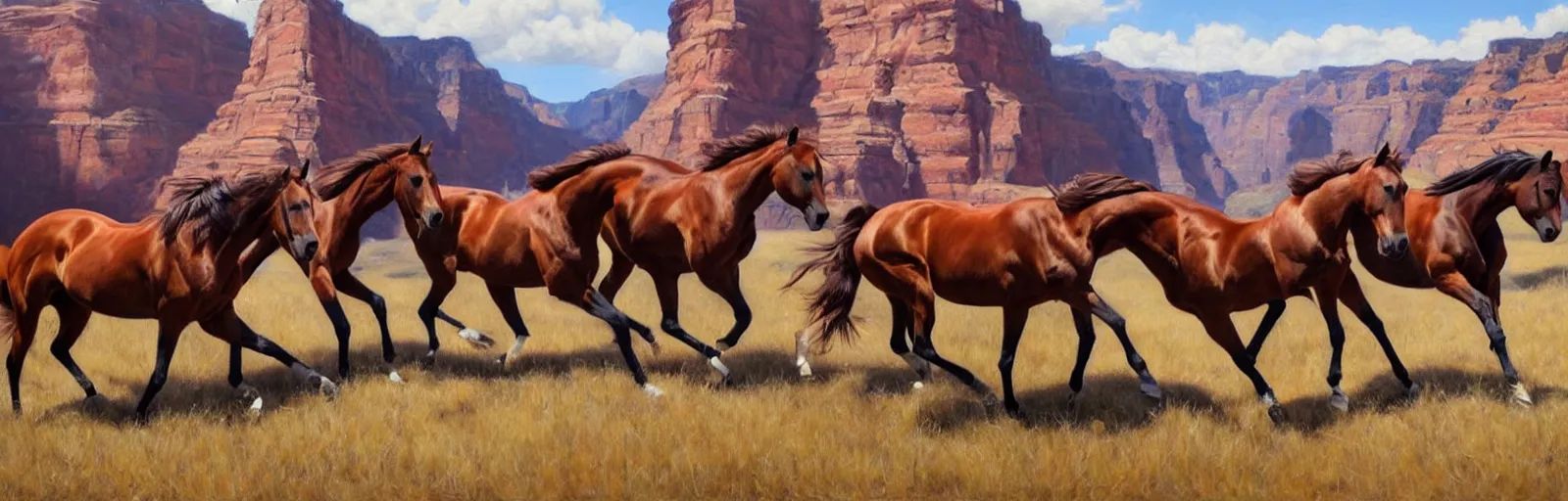 Image similar to lots of horses running through the canyon, hyper realistic, more details, they might be crawling, original oil on canvas painting by sydney mount