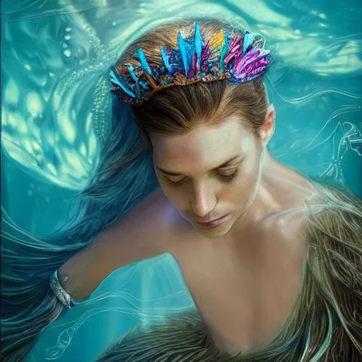 Image similar to christian bale portrait, fantasy, mermaid, hyperrealistic, game character, underwater, highly detailed, sharp focus, cinematic lighting, pearls, glowing hair, shells, gills, crown, water, highlights, starfish, jewelry, realistic, digital art, pastel, magic, fiction, ocean, king, colorful hair, sparkly eyes, fish, heroic, god, waves, bubbles, king