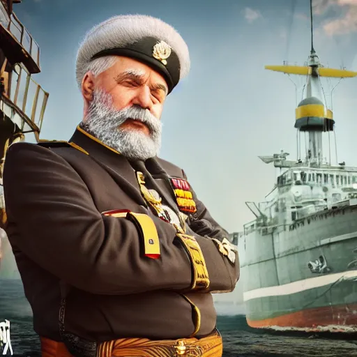 Prompt: a old man in officer suit of russian empire, gray hair and beard, giant yellow dieselpunk ship on background, colored, photorealistic, high detailed, smooth, sharp focus, real life photo, face details, highfleet, 4 k