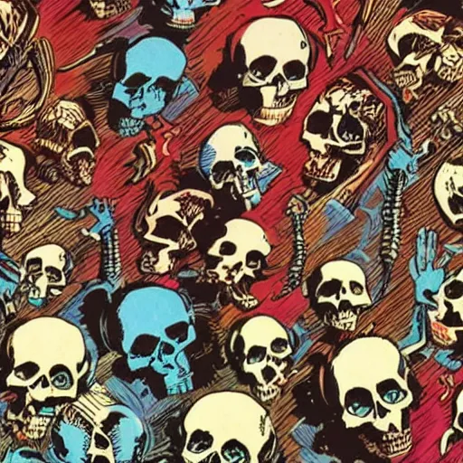 Image similar to skulls dancing along with a bunch of bones, world melting, 8 0 s science fiction, insanity