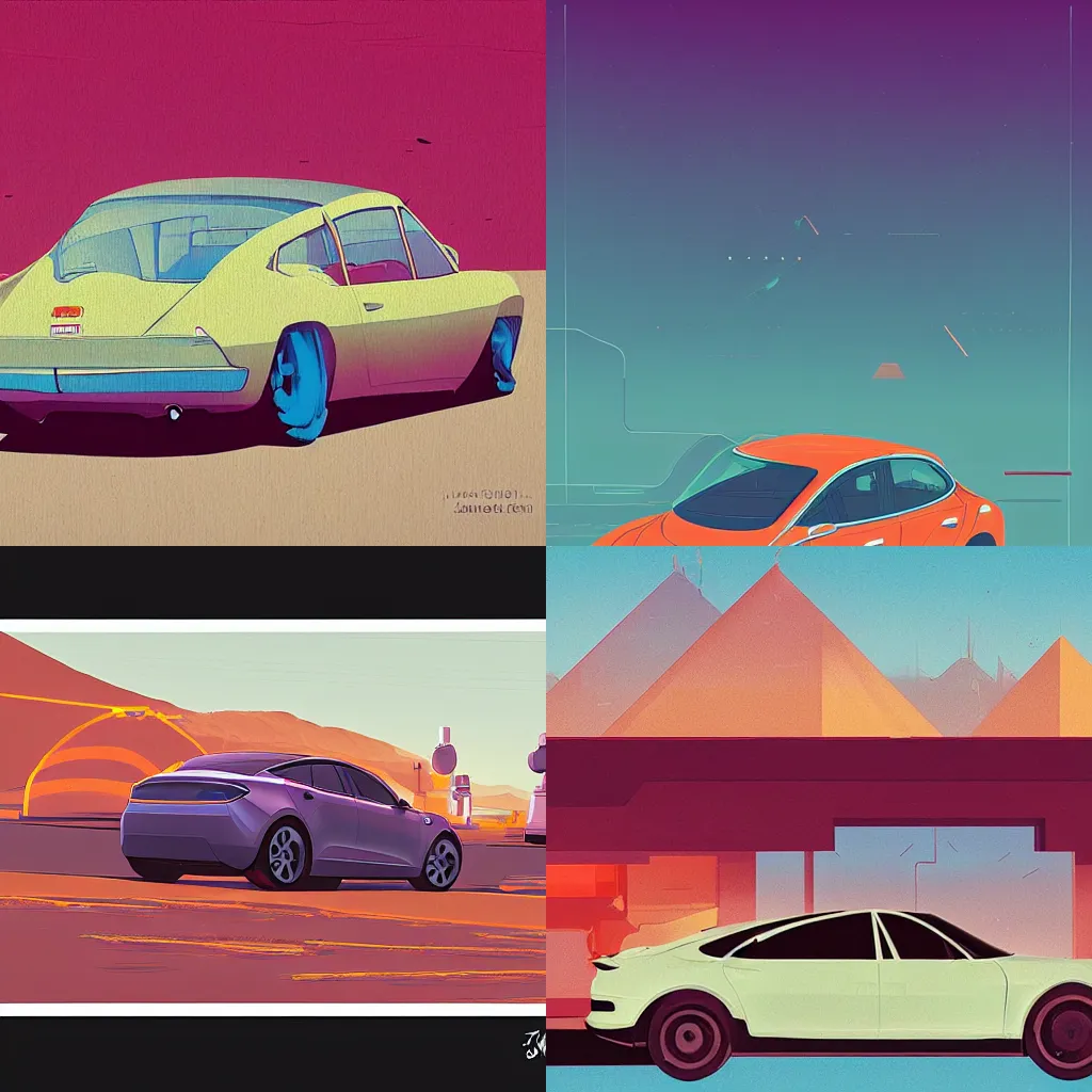 Prompt: Art by James Gilleard, Teslas in West Texas, by James Gilleard, by James Gilleard, by James Gilleard