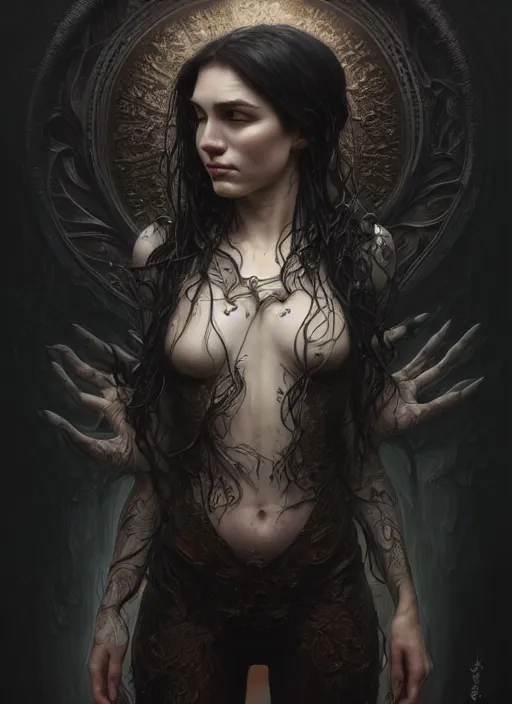 Image similar to a full body perspective of a stout preistess of moody elemental darkness, crooked nose, wet, fantasy, shiny, intricate, elegant, highly detailed, ultra definition, digital painting, artstation, vray, concept art, smooth, high speed photography, illustration, art by artgerm and greg rutkowski and alphonse mucha and james jean