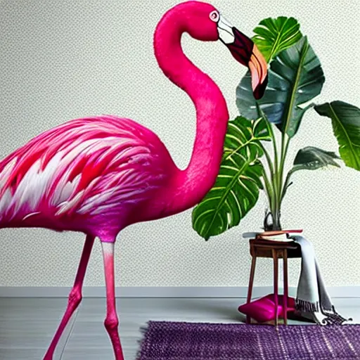 Prompt: photorealistic portrait of pink flamingo in front banana plants and a flamingo print wall, 5 0 mm uhd by annie leibovitz