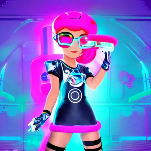 Image similar to Marina from Splatoon wearing a Tron style dress, Tron city background, digital art