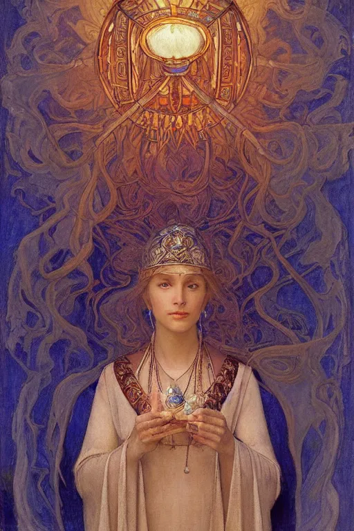 Image similar to queen of the old city with her lantern, by Annie Swynnerton and Nicholas Roerich and jean delville, dramatic cinematic lighting , ornate headdress , flowing robes, lost civilizations, extremely detailed