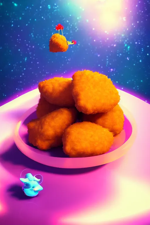 Prompt: A flower eating a chicken nugget in space. ArtStation. Octane render