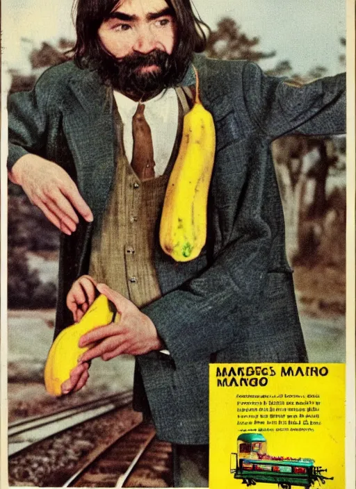 Image similar to vintage model train magazine advertisement depicting charles manson slipping on a banana peel