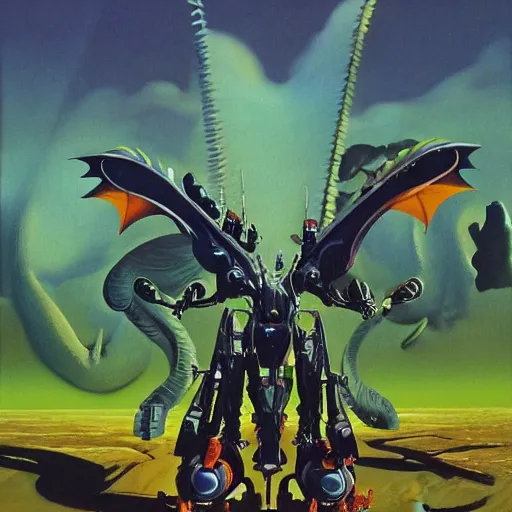 Prompt: Magnificent mecha-dragon hybrid by Roger Dean, by Dean Ellis, surrealism, mecha, dragon , horse