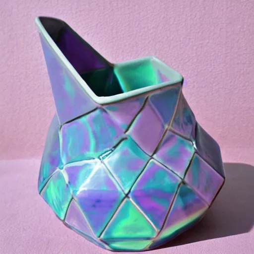 Prompt: geodesic triangle ceramic pitcher with pink and purple iridescent glaze, dark floral wallpaper background