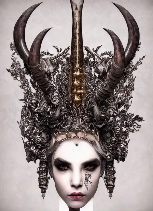 Image similar to a portrait of female by nekro borja, photorealistic, intricate details, hyper realistic, fantasy, elegant, baroque, horn, ram skull headpiece, photorealistic, photography, symmetrical features, symmetrical pose, wearable art, unreal engine,