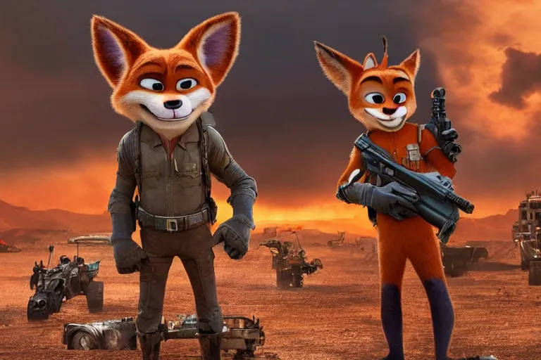 Image similar to nick wilde ( from zootopia ), heavily armed and armored facing down armageddon in a dark and gritty reboot from the makers of mad max : fury road