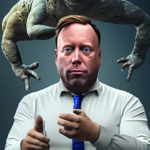 Image similar to hyperrealistic mixed media image of alex jones from info wars as a toad, stunning 3 d render inspired art by istvan sandorfi and greg rutkowski, perfect symmetry, realistic, highly detailed attributes and atmosphere, dim volumetric cinematic lighting, 8 k octane extremely hyper - detailed render, post - processing, masterpiece,