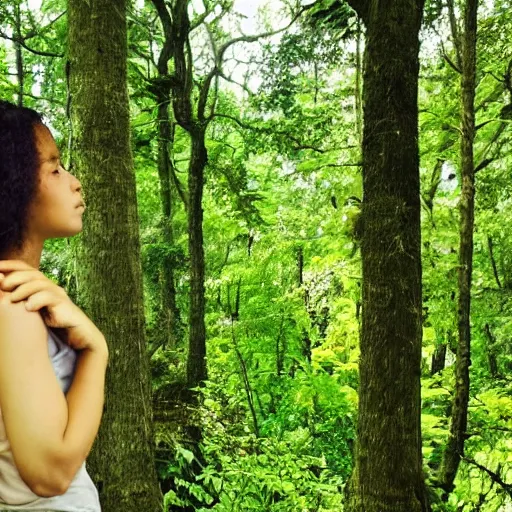 Image similar to a girl looking out over a lush green forest