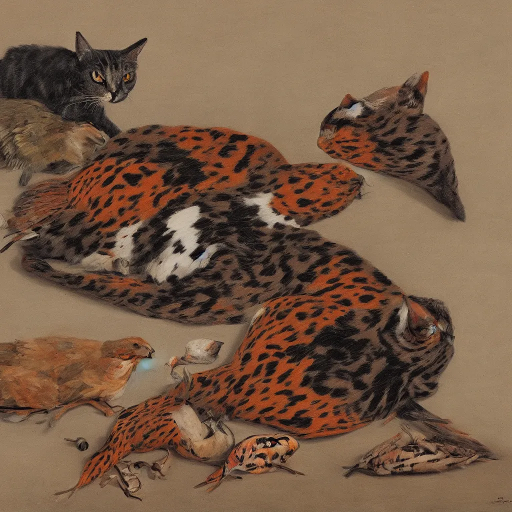 Prompt: cat and pheasant mix, art gallery, art museum, 4k, 8k