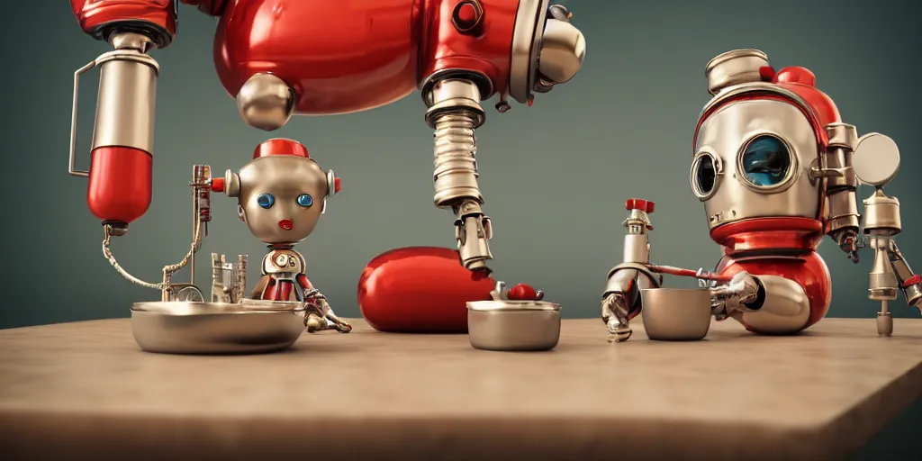 Image similar to closeup portrait of tin toy retro robot mad scientists cooking pastry in a kitchen, depth of field, zeiss lens, detailed, centered, fashion photoshoot, by nicoletta ceccoli, mark ryden, lostfish, breathtaking, 8 k resolution, extremely detailed, beautiful, establishing shot, artistic, hyperrealistic, octane render