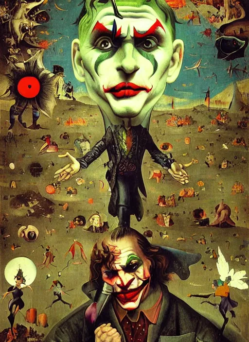Image similar to portrait of the joker stars in the sky fairies with detailed faces enchanted forest on the ground psychedelic wide angle shot white background vector art illustration gears of war by hieronymus bosch and frank frazetta