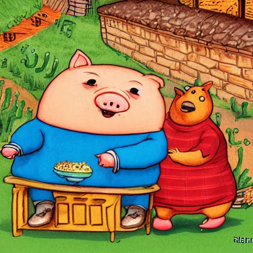 Prompt: a fat pig full from a feast by richard scarry