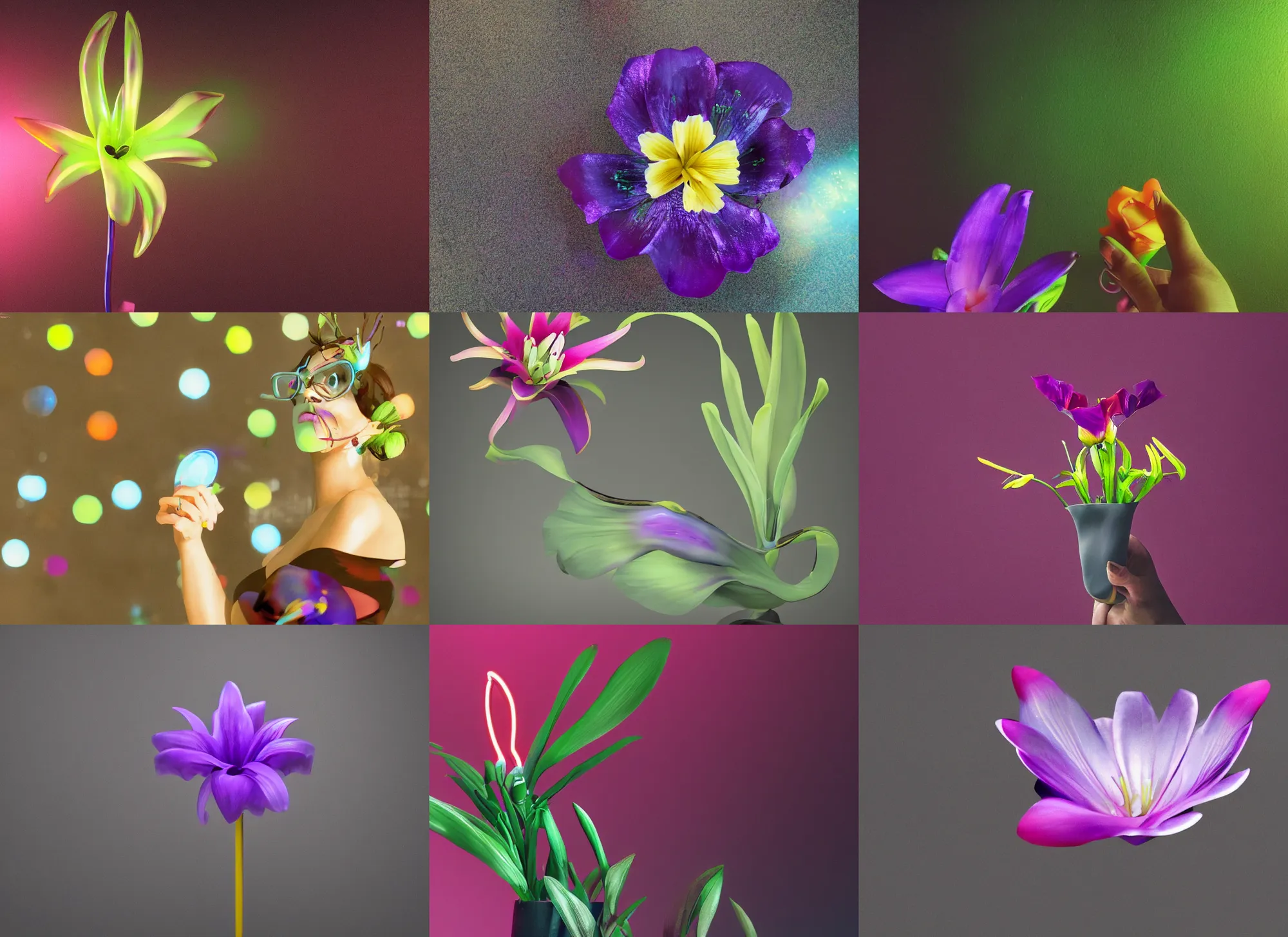Prompt: neon lily flower on hand, studio shot, black purple studio background, studio lighting, night fill lighting, trending on ArtStation, octane render, no surroundings, high detail, ray tracing, 4K, 8K, highly detailed, HDR