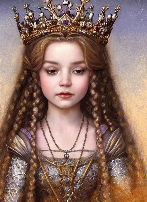 Image similar to highly detailed closeup portrait of a fairytale medieval princess wearing a crown and sitting on a throne, unreal engine, nicoletta ceccoli, mark ryden, earl norem, lostfish, global illumination, god rays, detailed and intricate environment