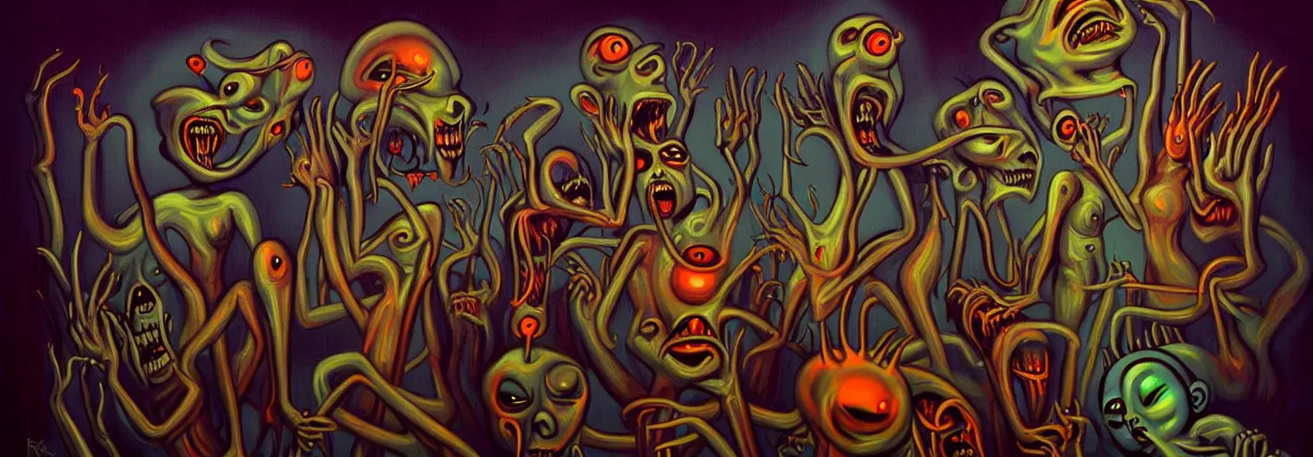 Image similar to visceral freaky obsessive creatures from the darkest depths of collective unconscious, dramatic glowing lighting, 1 9 3 0 s fleischer cartoon characters, wild emotional expressions - surreal painting by ronny khalil